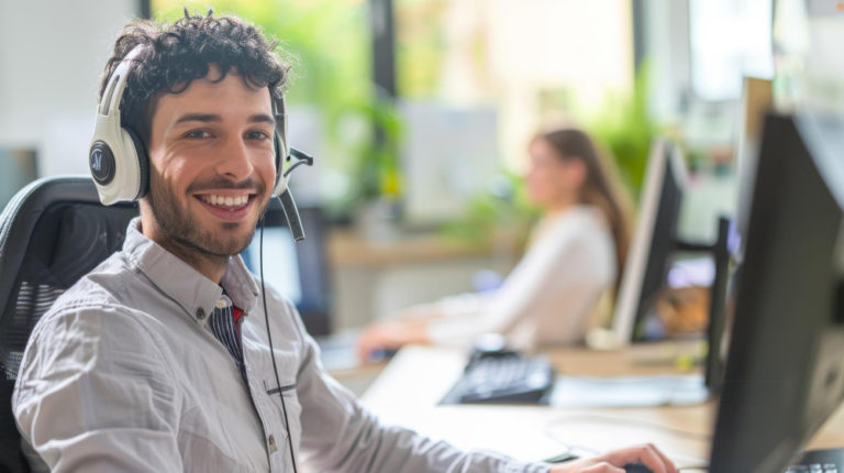 cheerful man at office desk